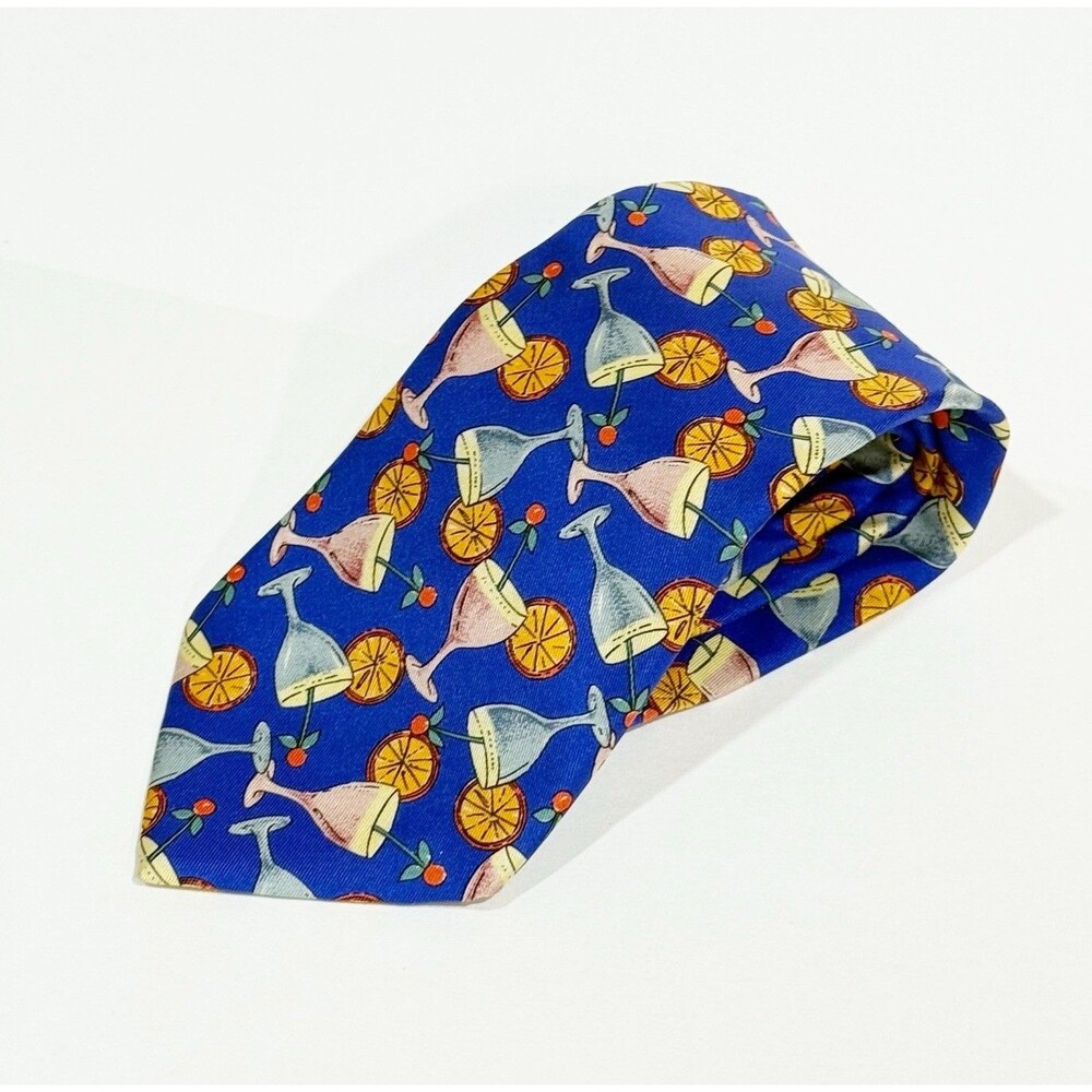 Kenneth Gordon Tie Silk Cocktail Martini Drinks Print Blue Wide 4” Italy Vintage